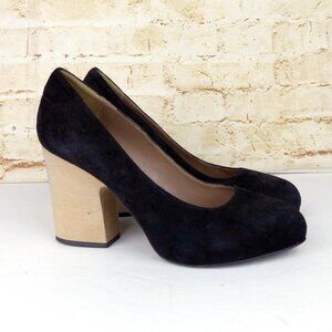 Acne Stack Wood Block Heel Suede Pump Women 40, 9 US Black Round Toe Pin Up Goth